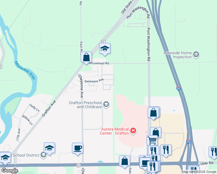 map of restaurants, bars, coffee shops, grocery stores, and more near 854 Delaware Avenue in Grafton