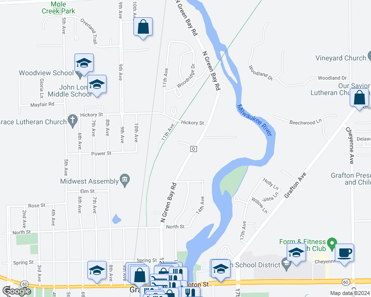 map of restaurants, bars, coffee shops, grocery stores, and more near 1480 Meadowbrooke Court in Grafton