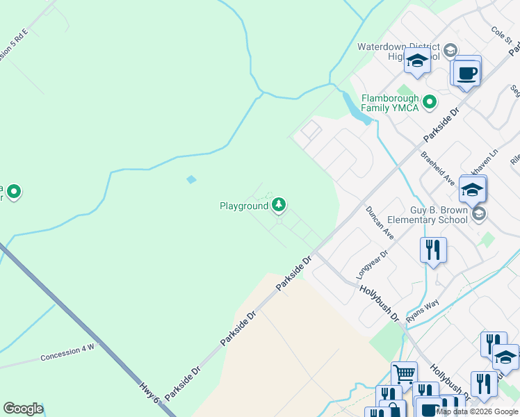map of restaurants, bars, coffee shops, grocery stores, and more near 101 Sadielou Boulevard in Hamilton