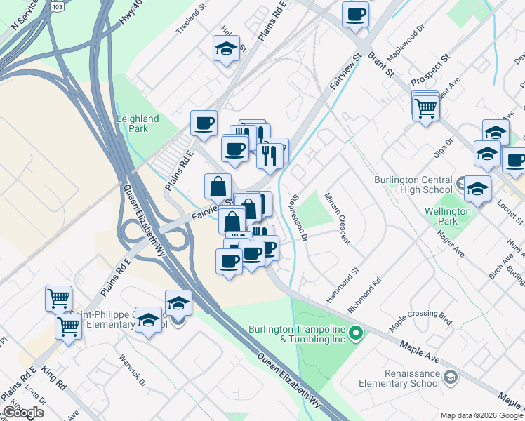 map of restaurants, bars, coffee shops, grocery stores, and more near 895 Maple Avenue in Burlington