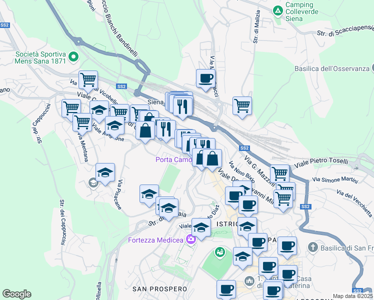 map of restaurants, bars, coffee shops, grocery stores, and more near 12 Via Doccia in Siena
