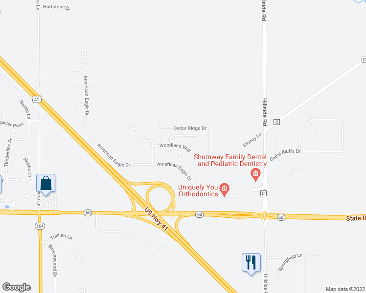 map of restaurants, bars, coffee shops, grocery stores, and more near Woodland Way in Slinger