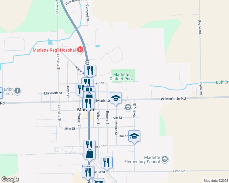 map of restaurants, bars, coffee shops, grocery stores, and more near 6320 Ellsworth St in Marlette