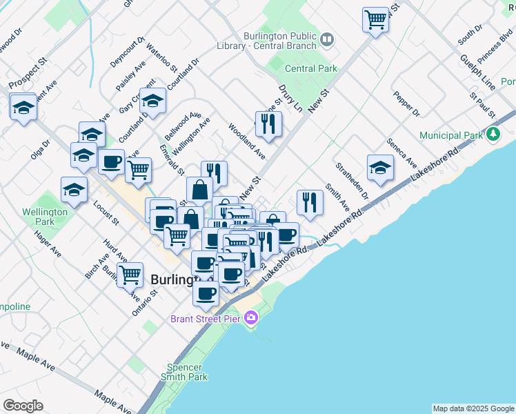 map of restaurants, bars, coffee shops, grocery stores, and more near 439 Martha Street in Burlington
