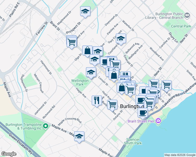 map of restaurants, bars, coffee shops, grocery stores, and more near 616 Locust Street in Burlington