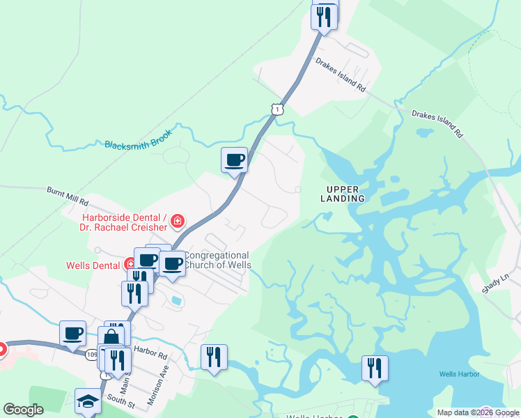 map of restaurants, bars, coffee shops, grocery stores, and more near 15 Webhannet Harbour Rd in Wells