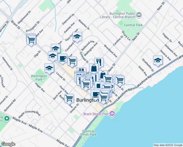 map of restaurants, bars, coffee shops, grocery stores, and more near 2061 Maria Street in Burlington