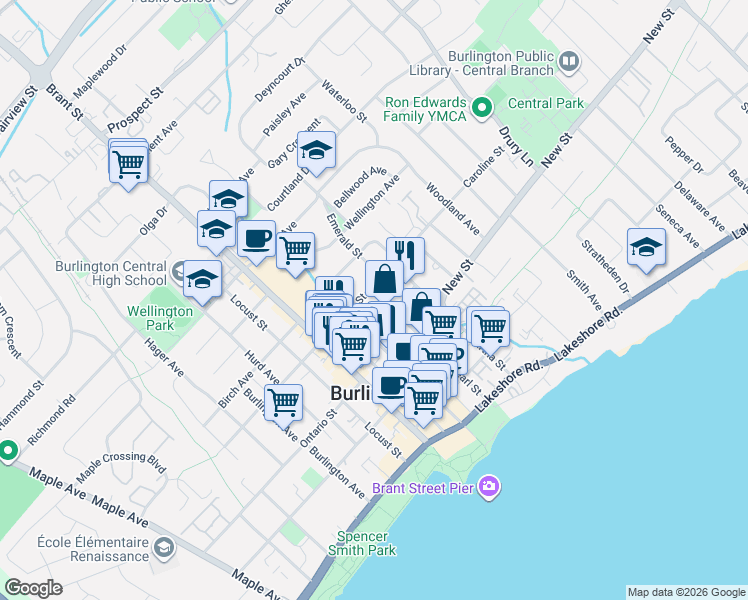 map of restaurants, bars, coffee shops, grocery stores, and more near 2061 Maria Street in Burlington