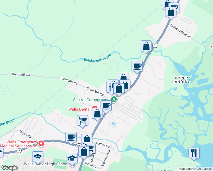 map of restaurants, bars, coffee shops, grocery stores, and more near 1762 Post Road in Wells