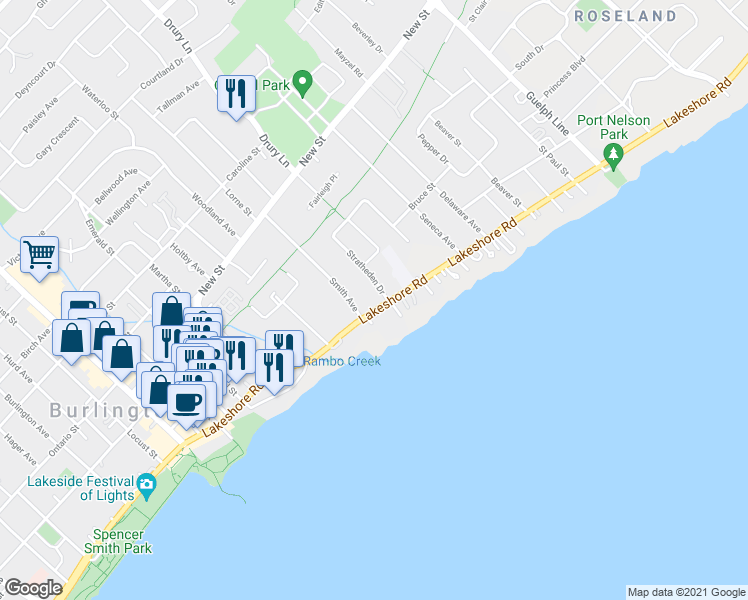 map of restaurants, bars, coffee shops, grocery stores, and more near 2213 B Lakeshore Road in Burlington