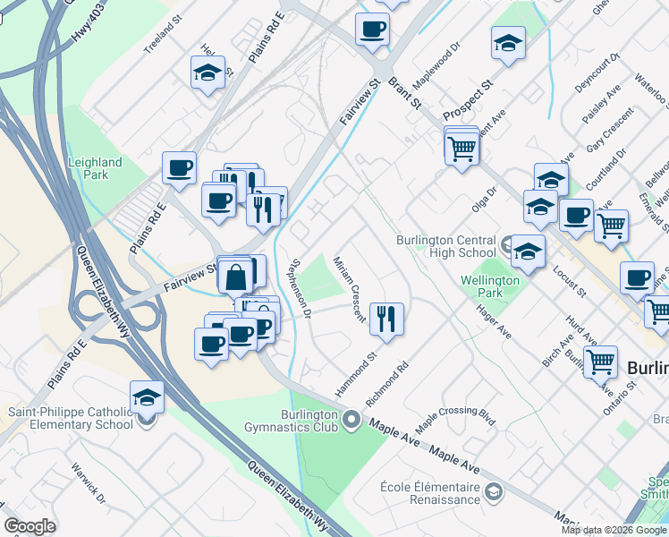 map of restaurants, bars, coffee shops, grocery stores, and more near 802 Miriam Crescent in Burlington