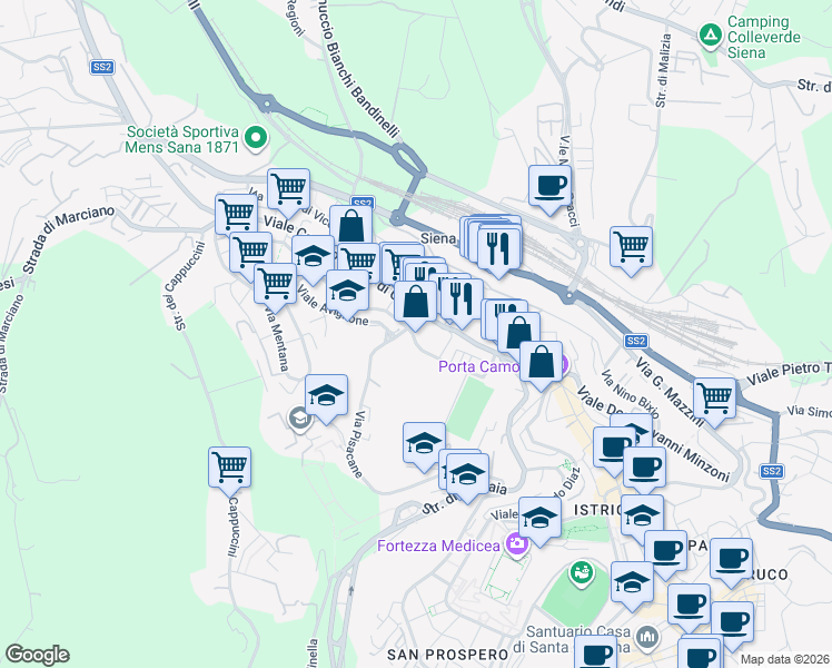 map of restaurants, bars, coffee shops, grocery stores, and more near 18 Viale Goffredo Mameli in Siena
