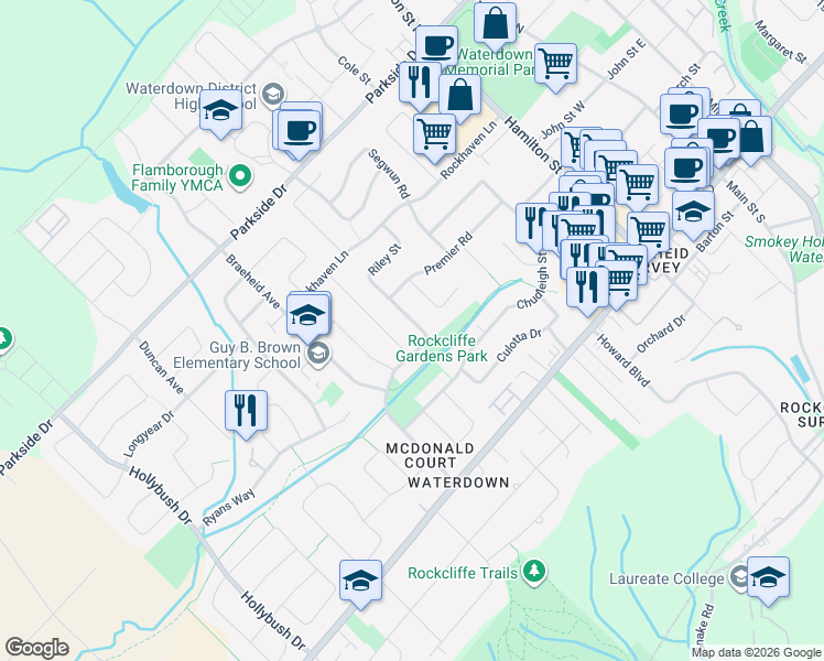 map of restaurants, bars, coffee shops, grocery stores, and more near 71 Riley Street in Hamilton