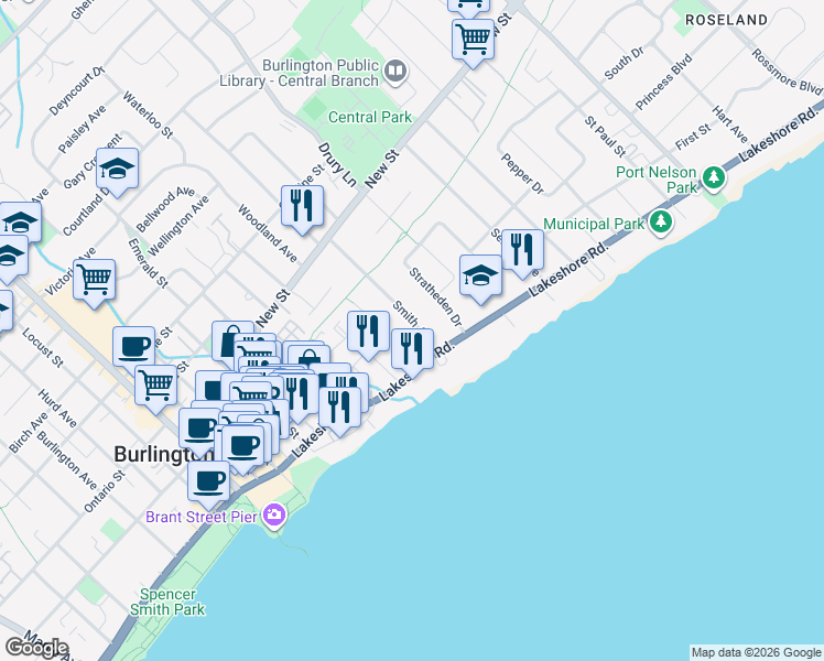 map of restaurants, bars, coffee shops, grocery stores, and more near 352 Smith Avenue in Burlington