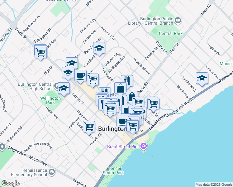 map of restaurants, bars, coffee shops, grocery stores, and more near 512 Pearl Street in Burlington