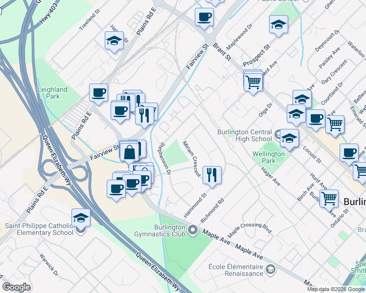 map of restaurants, bars, coffee shops, grocery stores, and more near 802 Miriam Crescent in Burlington
