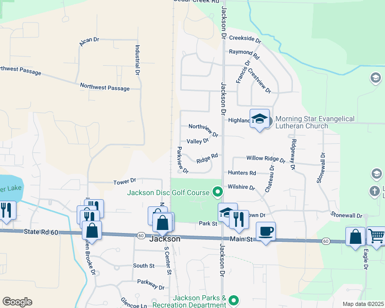 map of restaurants, bars, coffee shops, grocery stores, and more near N171W20558 Ridge Court in Jackson