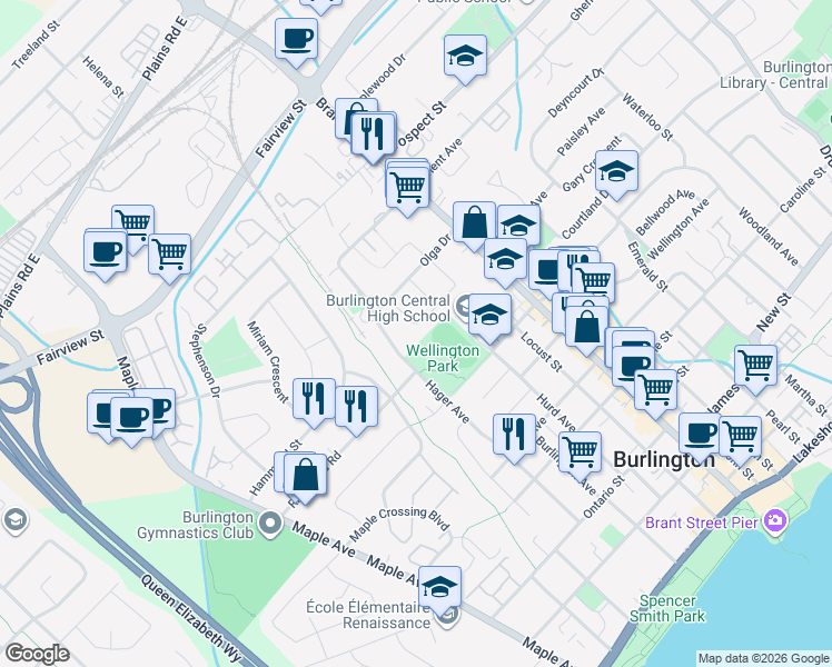 map of restaurants, bars, coffee shops, grocery stores, and more near in Burlington