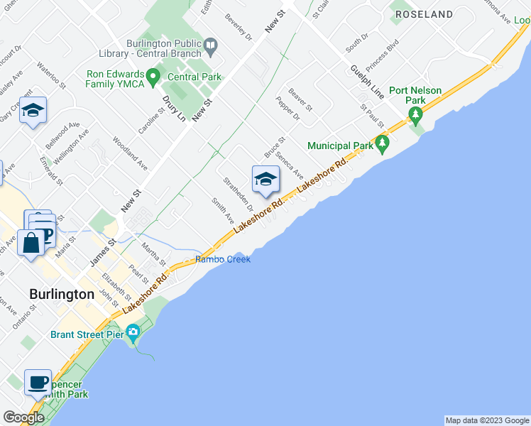 map of restaurants, bars, coffee shops, grocery stores, and more near 2234 Lakeshore Road in Burlington
