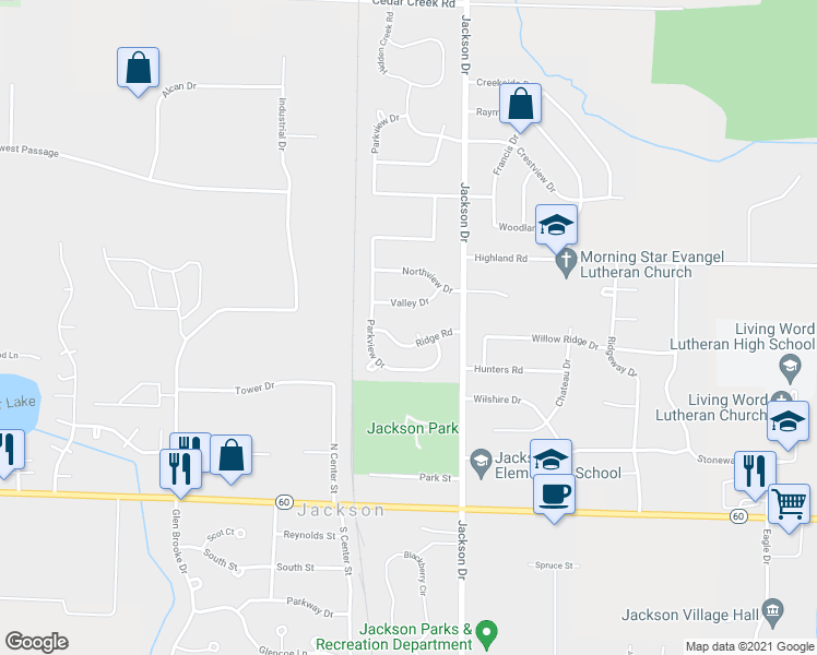 map of restaurants, bars, coffee shops, grocery stores, and more near N171W20558 Ridge Court in Jackson