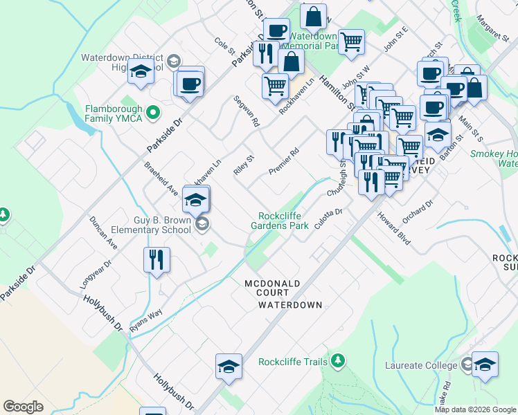 map of restaurants, bars, coffee shops, grocery stores, and more near 71 Riley Street in Hamilton