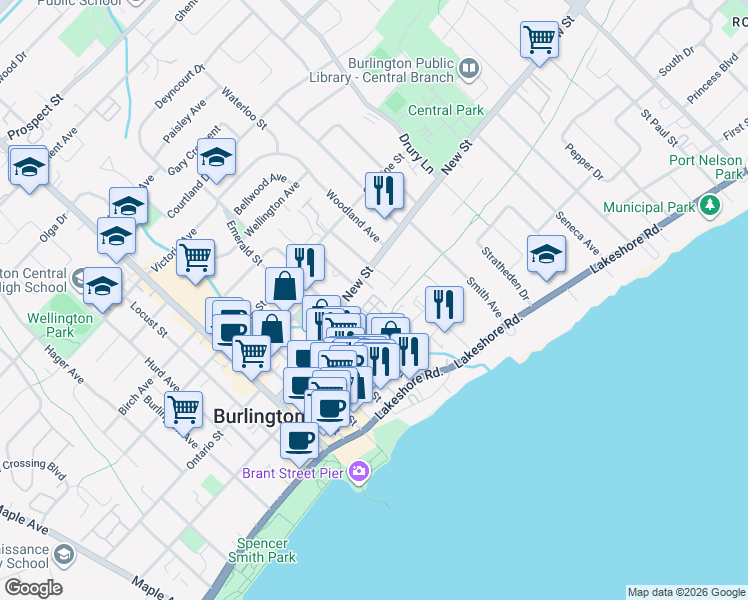 map of restaurants, bars, coffee shops, grocery stores, and more near 437 Martha Street in Burlington