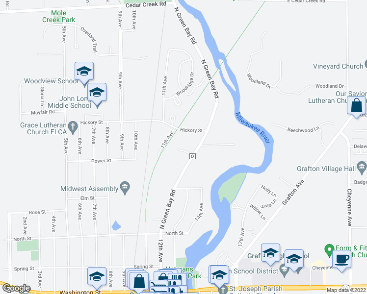 map of restaurants, bars, coffee shops, grocery stores, and more near 1480 Meadowbrooke Court in Grafton