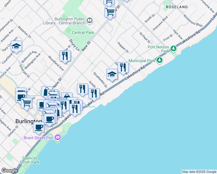 map of restaurants, bars, coffee shops, grocery stores, and more near 2234 Lakeshore Road in Burlington