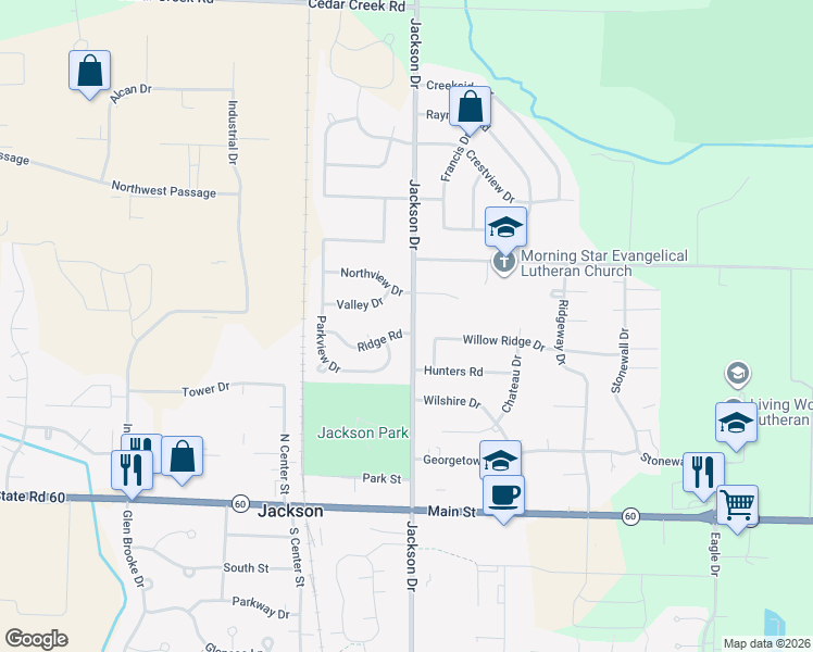 map of restaurants, bars, coffee shops, grocery stores, and more near N171W20466 Ridge Road in Jackson