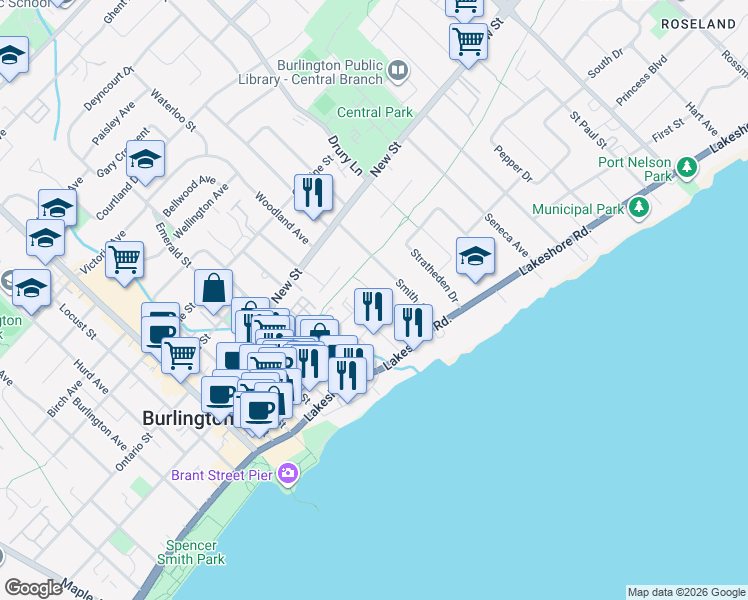 map of restaurants, bars, coffee shops, grocery stores, and more near 2172 Harris Crescent in Burlington