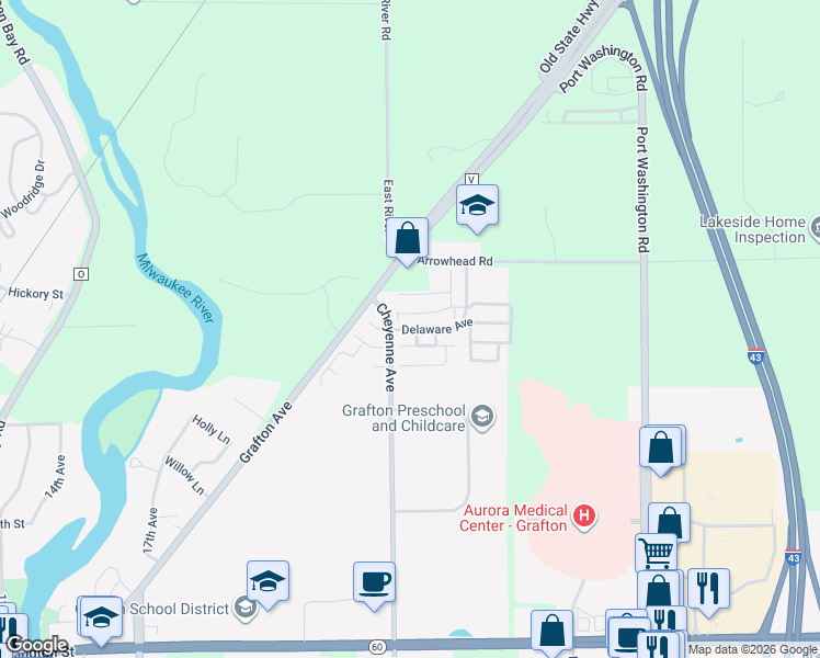 map of restaurants, bars, coffee shops, grocery stores, and more near 854 Delaware Avenue in Grafton