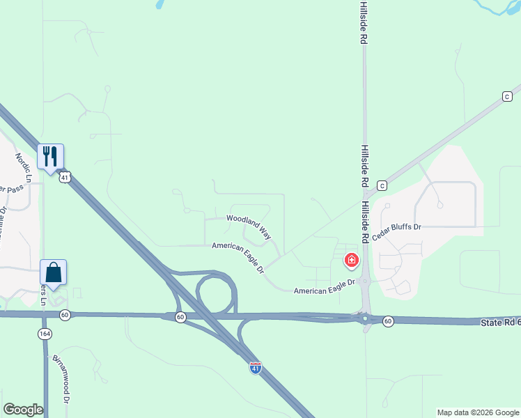 map of restaurants, bars, coffee shops, grocery stores, and more near 1780 Woodland Way in Slinger