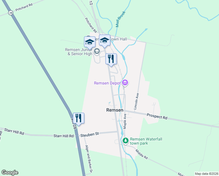 map of restaurants, bars, coffee shops, grocery stores, and more near 9659 Main Street in Remsen