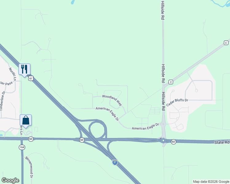 map of restaurants, bars, coffee shops, grocery stores, and more near 1780 Woodland Way in Slinger