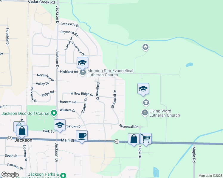 map of restaurants, bars, coffee shops, grocery stores, and more near W197N17106 Stonewall Drive in Jackson