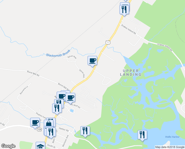 map of restaurants, bars, coffee shops, grocery stores, and more near 1823 Post Road in Wells