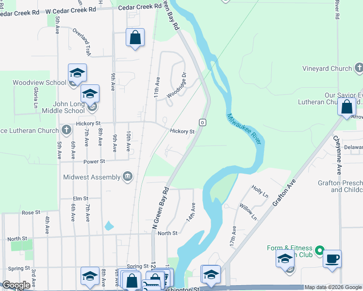 map of restaurants, bars, coffee shops, grocery stores, and more near 1480 Meadowbrooke Court in Grafton