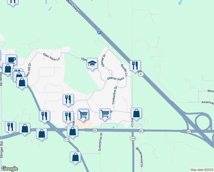 map of restaurants, bars, coffee shops, grocery stores, and more near 546 Lous Way in Slinger
