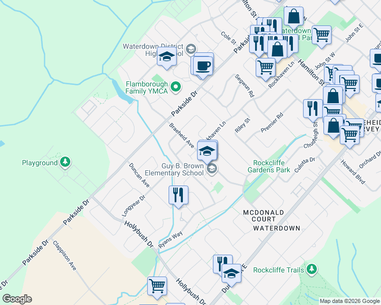 map of restaurants, bars, coffee shops, grocery stores, and more near in Hamilton
