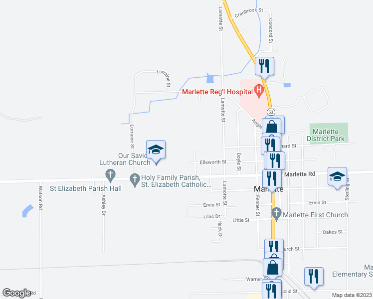 map of restaurants, bars, coffee shops, grocery stores, and more near 2900 Ayre Street in Marlette