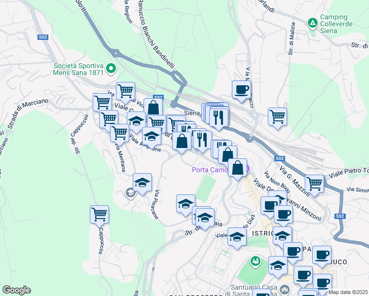 map of restaurants, bars, coffee shops, grocery stores, and more near 13 Viale Camillo Benso Cavour in Siena