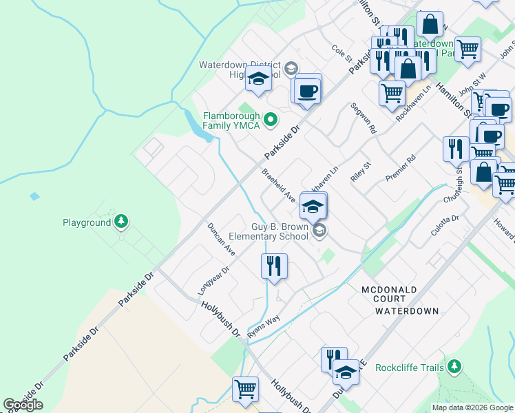 map of restaurants, bars, coffee shops, grocery stores, and more near 31 Karsh Crescent in Hamilton