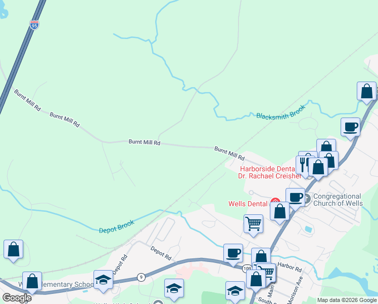 map of restaurants, bars, coffee shops, grocery stores, and more near 254 Burnt Mill Road in Wells