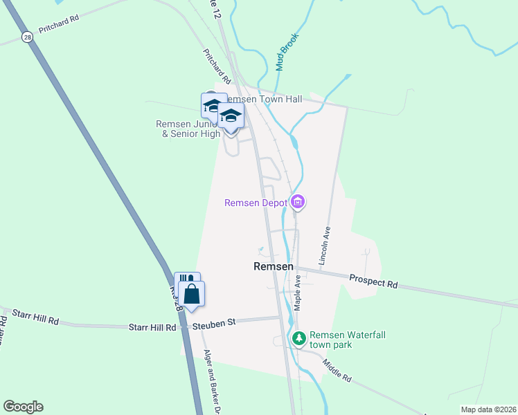 map of restaurants, bars, coffee shops, grocery stores, and more near 9659 Main Street in Remsen