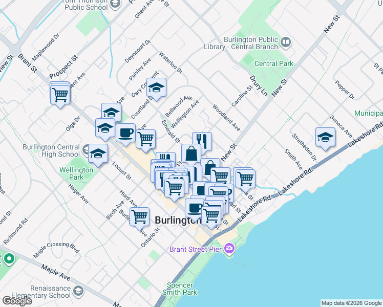 map of restaurants, bars, coffee shops, grocery stores, and more near 2080 Caroline Street in Burlington