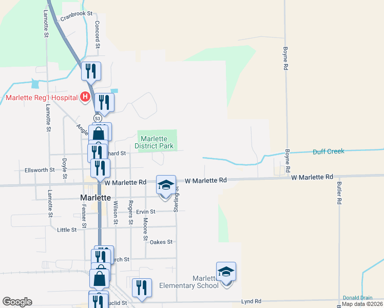 map of restaurants, bars, coffee shops, grocery stores, and more near 6155 Marlette Street in Marlette