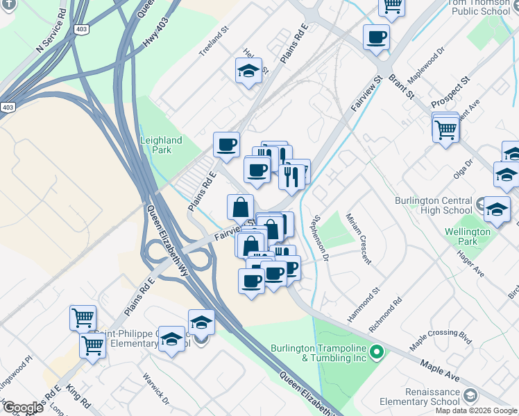 map of restaurants, bars, coffee shops, grocery stores, and more near 1209 Fairview Street in Burlington
