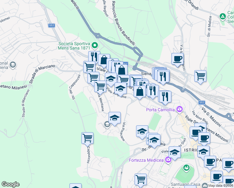 map of restaurants, bars, coffee shops, grocery stores, and more near 18 Viale Goffredo Mameli in Siena