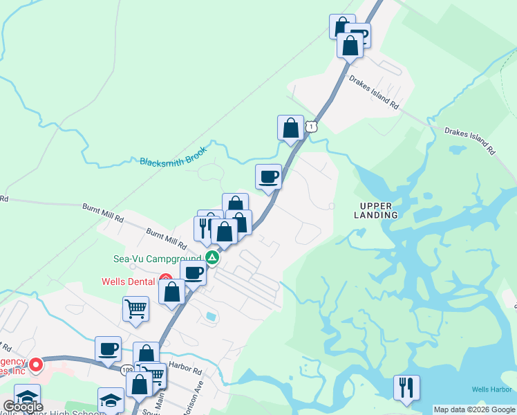 map of restaurants, bars, coffee shops, grocery stores, and more near 1830 Post Road in Wells