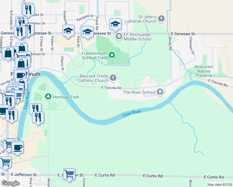 map of restaurants, bars, coffee shops, grocery stores, and more near 945 East Tuscola Road in Frankenmuth
